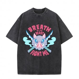Anime Wholesale Demon Slayer Cotton Washed Solid Color Unisex Oversize cartoon Printing Short Sleeve T-Shirt clothes