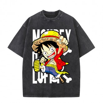 Anime cartoon Wholesale One Piece 100%Cotton Washed Solid Color plus size Unisex Oversize Short Sleeve T-Shirt