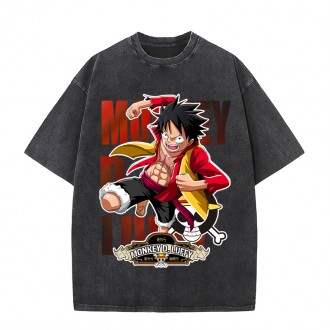 Anime cartoon Wholesale One Piece 100%Cotton Washed Solid Color plus size Unisex Oversize Short Sleeve T-Shirt
