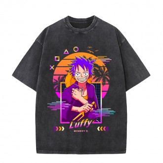 Anime cartoon Wholesale One Piece 100%Cotton Washed Solid Color plus size Unisex Oversize Short Sleeve T-Shirt