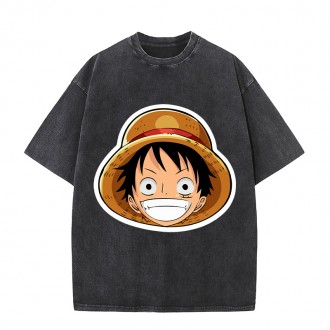 Anime cartoon Wholesale One Piece 100%Cotton Washed Solid Color plus size Unisex Oversize Short Sleeve T-Shirt