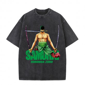 Anime Wholesale One Piece 100%Cotton Washed Solid Color plus size Unisex Oversize cartoon Short Sleeve T-Shirt clothes