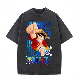 Anime Wholesale One Piece 100%Cotton Washed Solid Color plus size Unisex Oversize cartoon Short Sleeve T-Shirt clothes