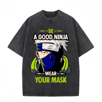Anime Wholesale Naruto Cotton Washed Solid Color Unisex Oversize cartoon Printing Short Sleeve T-Shirt clothes