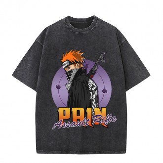 Anime Wholesale Naruto Cotton Washed Solid Color Unisex Oversize cartoon Printing Short Sleeve T-Shirt clothes