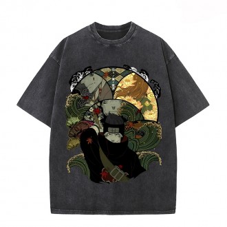 Anime Wholesale Naruto Cotton Washed Solid Color Unisex Oversize cartoon Printing Short Sleeve T-Shirt clothes