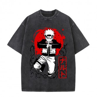 Anime Wholesale Naruto Cotton Washed Solid Color Unisex Oversize cartoon Printing Short Sleeve T-Shirt clothes