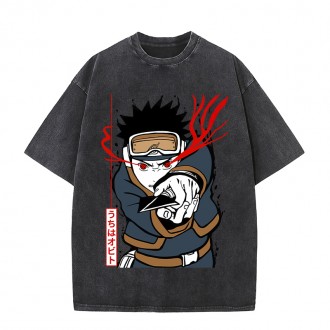 Anime Wholesale Naruto Cotton Washed Solid Color Unisex Oversize cartoon Printing Short Sleeve T-Shirt clothes