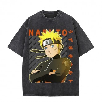 Anime Wholesale Naruto Cotton Washed Solid Color Unisex Oversize cartoon Printing Short Sleeve T-Shirt clothes