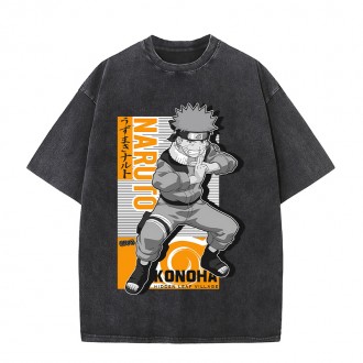 Anime Wholesale Naruto Cotton Washed Solid Color Unisex Oversize cartoon Printing Short Sleeve T-Shirt clothes