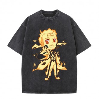 Anime Wholesale Naruto Cotton Washed Solid Color Unisex Oversize cartoon Printing Short Sleeve T-Shirt clothes