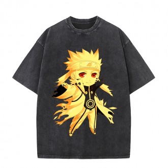 Anime Wholesale Naruto Cotton Washed Solid Color Unisex Oversize cartoon Printing Short Sleeve T-Shirt clothes