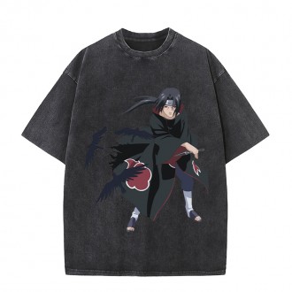 Anime Wholesale Naruto Cotton Washed Solid Color Unisex Oversize cartoon Printing Short Sleeve T-Shirt clothes