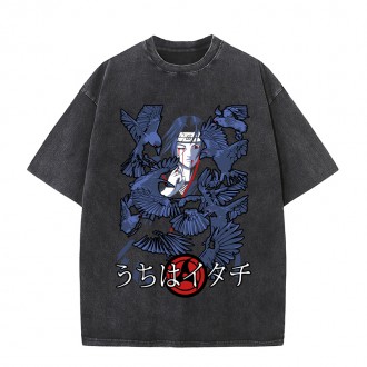 Anime Wholesale Naruto Cotton Washed Solid Color Unisex Oversize cartoon Printing Short Sleeve T-Shirt clothes