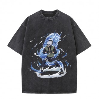 Anime Wholesale Naruto Cotton Washed Solid Color Unisex Oversize cartoon Printing Short Sleeve T-Shirt clothes