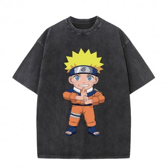Anime Wholesale Naruto Cotton Washed Solid Color Unisex Oversize cartoon Printing Short Sleeve T-Shirt clothes