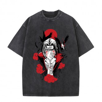 Anime Wholesale Naruto Cotton Washed Solid Color Unisex Oversize cartoon Printing Short Sleeve T-Shirt clothes