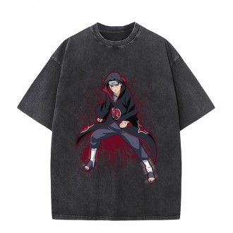 Anime Wholesale Naruto Cotton Washed Solid Color Unisex Oversize cartoon Printing Short Sleeve T-Shirt clothes