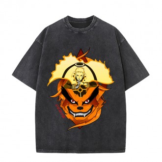 Anime Wholesale Naruto Cotton Washed Solid Color Unisex Oversize cartoon Printing Short Sleeve T-Shirt clothes