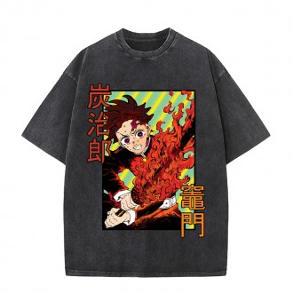 Anime Wholesale Demon Slayer Cotton Washed Solid Color Unisex Oversize cartoon Printing Short Sleeve T-Shirt clothes