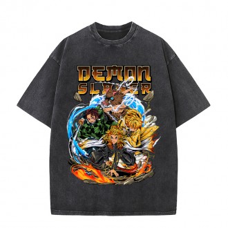 Anime Wholesale Demon Slayer Cotton Washed Solid Color Unisex Oversize cartoon Printing Short Sleeve T-Shirt clothes