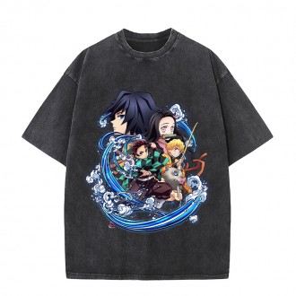 Anime Wholesale Demon Slayer Cotton Washed Solid Color Unisex Oversize cartoon Printing Short Sleeve T-Shirt clothes