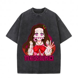 Anime Wholesale Demon Slayer Cotton Washed Solid Color Unisex Oversize cartoon Printing Short Sleeve T-Shirt clothes