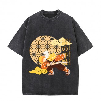 Anime Wholesale Demon Slayer Cotton Washed Solid Color Unisex Oversize cartoon Printing Short Sleeve T-Shirt clothes
