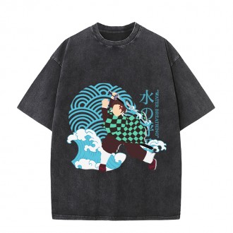Anime Wholesale Demon Slayer Cotton Washed Solid Color Unisex Oversize cartoon Printing Short Sleeve T-Shirt clothes