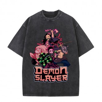 Anime Wholesale Demon Slayer Cotton Washed Solid Color Unisex Oversize cartoon Printing Short Sleeve T-Shirt clothes
