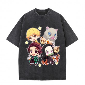 Anime Wholesale Demon Slayer Cotton Washed Solid Color Unisex Oversize cartoon Printing Short Sleeve T-Shirt clothes