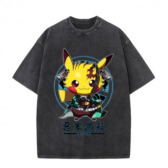Anime Wholesale Demon Slayer Cotton Washed Solid Color Unisex Oversize cartoon Printing Short Sleeve T-Shirt clothes