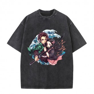 Anime Wholesale Demon Slayer Cotton Washed Solid Color Unisex Oversize cartoon Printing Short Sleeve T-Shirt clothes