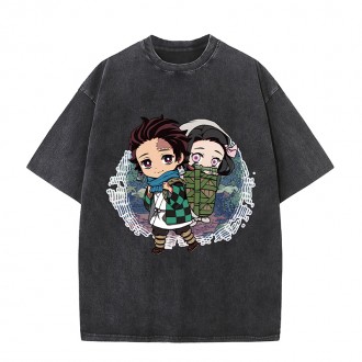 Anime Wholesale Demon Slayer Cotton Washed Solid Color Unisex Oversize cartoon Printing Short Sleeve T-Shirt clothes