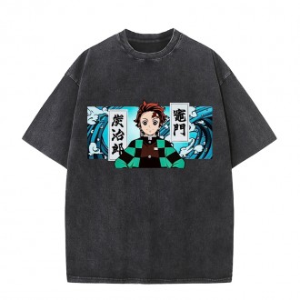 Anime Wholesale Demon Slayer Cotton Washed Solid Color Unisex Oversize cartoon Printing Short Sleeve T-Shirt clothes