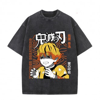 Anime Wholesale Demon Slayer Cotton Washed Solid Color Unisex Oversize cartoon Printing Short Sleeve T-Shirt clothes