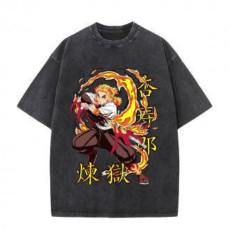 Anime Wholesale Demon Slayer Cotton Washed Solid Color Unisex Oversize cartoon Printing Short Sleeve T-Shirt clothes