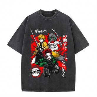 Anime Wholesale Demon Slayer Cotton Washed Solid Color Unisex Oversize cartoon Printing Short Sleeve T-Shirt clothes