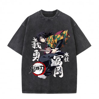 Anime Wholesale Demon Slayer Cotton Washed Solid Color Unisex Oversize cartoon Printing Short Sleeve T-Shirt clothes
