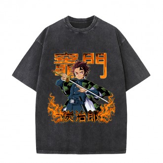 Anime Wholesale Demon Slayer Cotton Washed Solid Color Unisex Oversize cartoon Printing Short Sleeve T-Shirt clothes