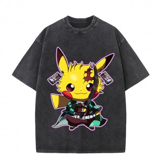 Anime Wholesale Demon Slayer Cotton Washed Solid Color Unisex Oversize cartoon Printing Short Sleeve T-Shirt clothes