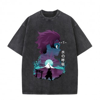 Anime Wholesale Demon Slayer Cotton Washed Solid Color Unisex Oversize cartoon Printing Short Sleeve T-Shirt clothes