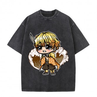 Anime Wholesale Demon Slayer Cotton Washed Solid Color Unisex Oversize cartoon Printing Short Sleeve T-Shirt clothes