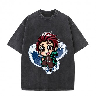 Anime Wholesale Demon Slayer Cotton Washed Solid Color Unisex Oversize cartoon Printing Short Sleeve T-Shirt clothes