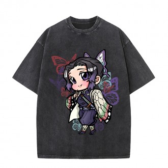 Anime Wholesale Demon Slayer Cotton Washed Solid Color Unisex Oversize cartoon Printing Short Sleeve T-Shirt clothes