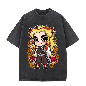 Anime Wholesale Demon Slayer Cotton Washed Solid Color Unisex Oversize cartoon Printing Short Sleeve T-Shirt clothes