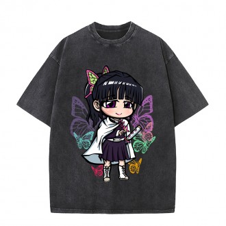 Anime Wholesale Demon Slayer Cotton Washed Solid Color Unisex Oversize cartoon Printing Short Sleeve T-Shirt clothes