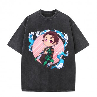 Anime Wholesale Demon Slayer Cotton Washed Solid Color Unisex Oversize cartoon Printing Short Sleeve T-Shirt clothes