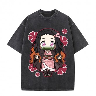 Anime Wholesale Demon Slayer Cotton Washed Solid Color Unisex Oversize cartoon Printing Short Sleeve T-Shirt clothes