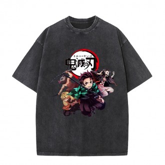 Anime Wholesale Demon Slayer Cotton Washed Solid Color Unisex Oversize cartoon Printing Short Sleeve T-Shirt clothes